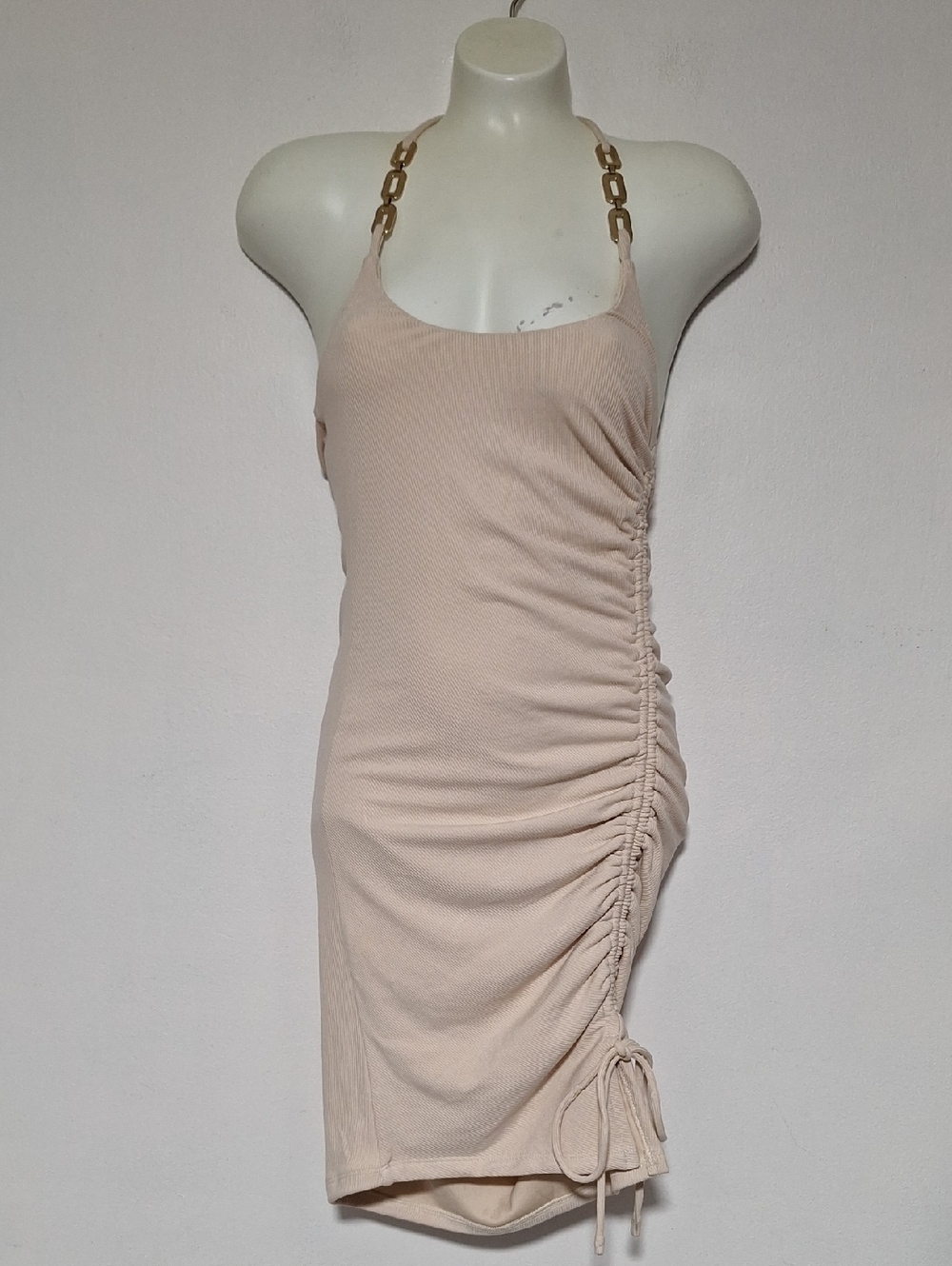 Fiestar Halter Bodycon Dress Ruched Cream Beige Ribbes Sleeveless